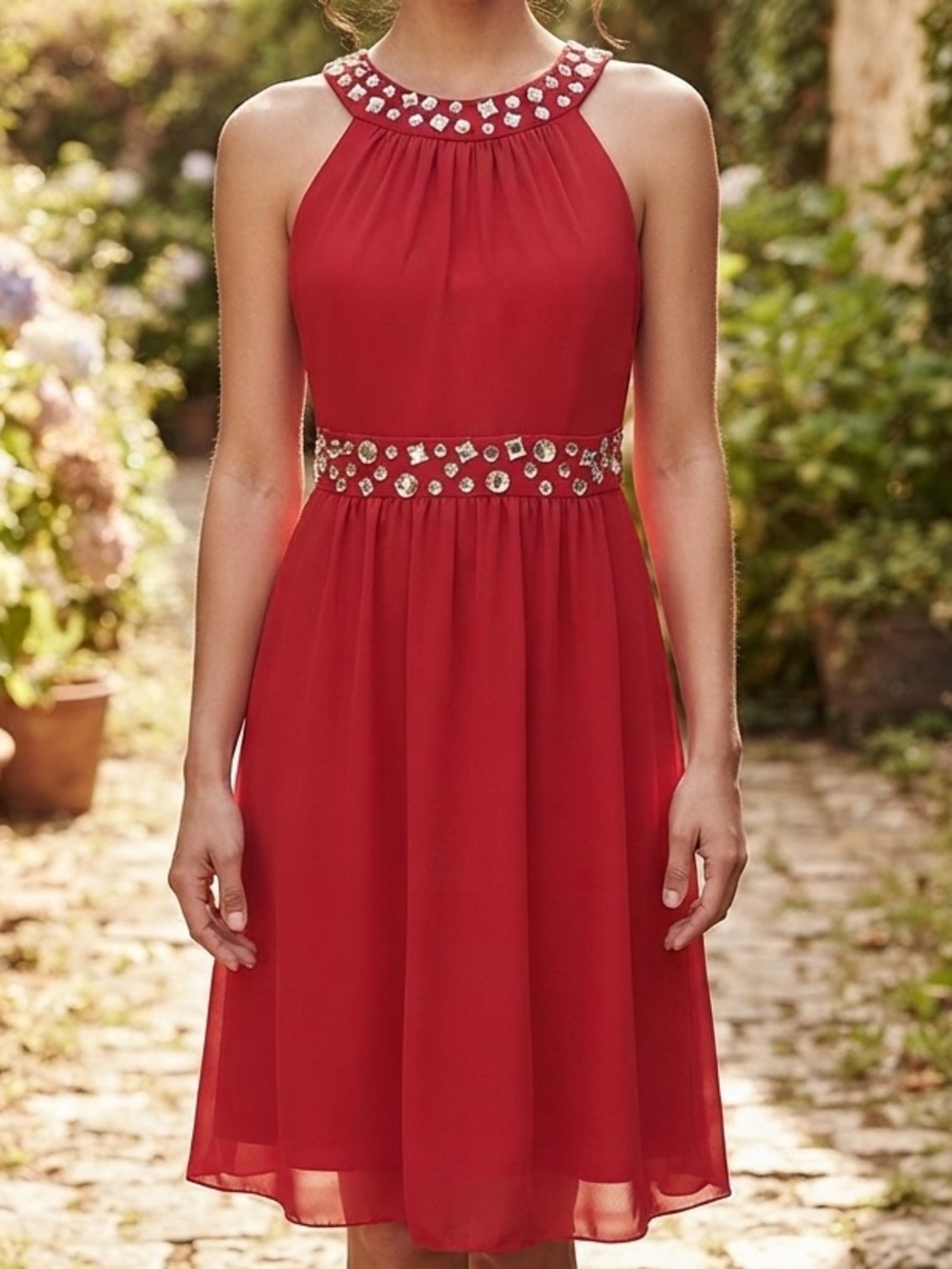NWT Boston Proper Red Embellished Halter Midi Dress